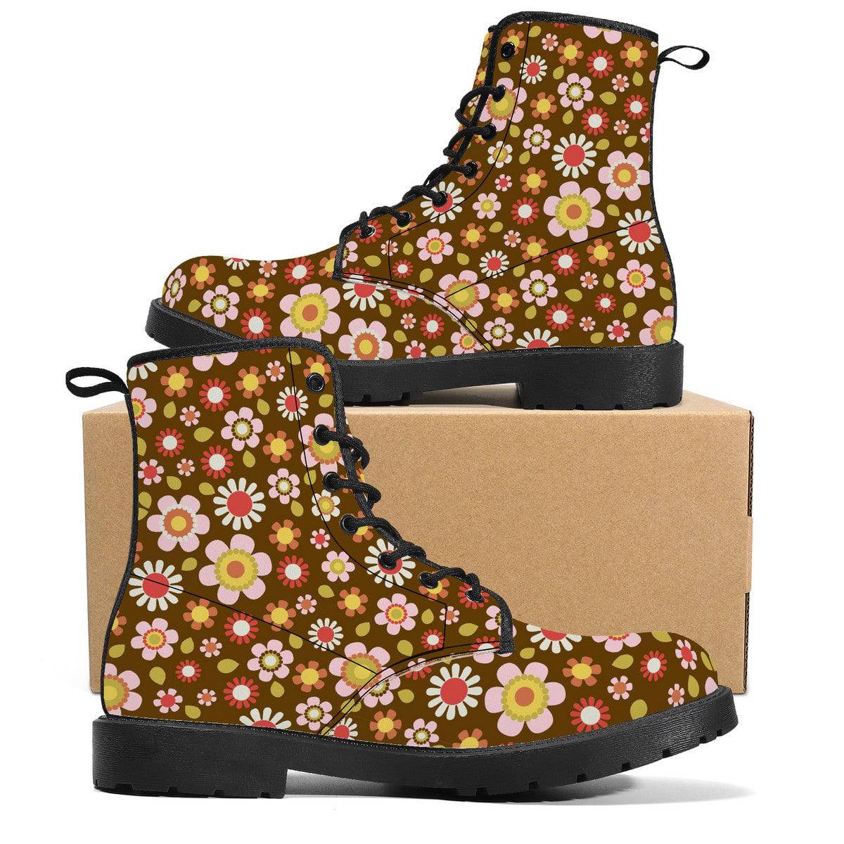 Retro Brown Daisy Mod Vegan Leather Boots