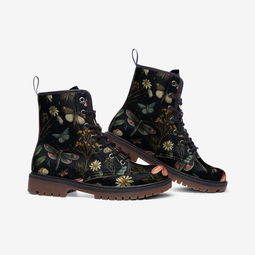 Forest Witch Boots, Goblincore Boots, Wildflowers & Butterflies Boots, Vegan Combat Boots, Witchcore, Naturecore Dragonflies Flowers Boots,