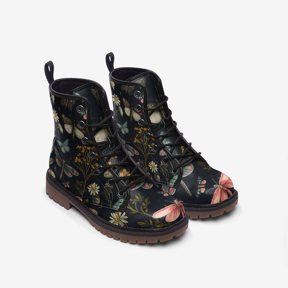 Forest Witch Boots, Goblincore Boots, Wildflowers & Butterflies Boots, Vegan Combat Boots, Witchcore, Naturecore Dragonflies Flowers Boots,