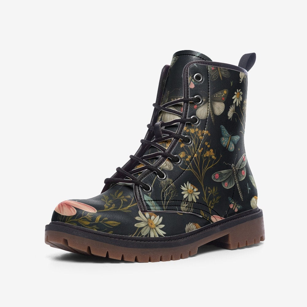 Forest Witch Boots, Goblincore Boots, Wildflowers & Butterflies Boots, Vegan Combat Boots, Witchcore, Naturecore Dragonflies Flowers Boots,