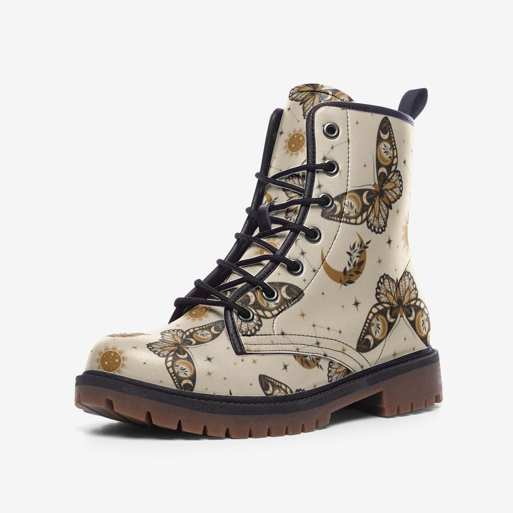 Boho Celestial Butterflies Boots, Goblincore Boots, Witchy Butterflies Boots, Vegan Combat Boots, Witchcore Boots, Boho Witch Festival Boots