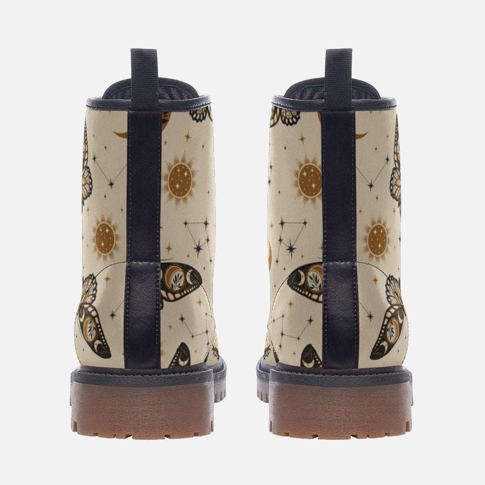 Boho Celestial Butterflies Boots, Goblincore Boots, Witchy Butterflies Boots, Vegan Combat Boots, Witchcore Boots, Boho Witch Festival Boots