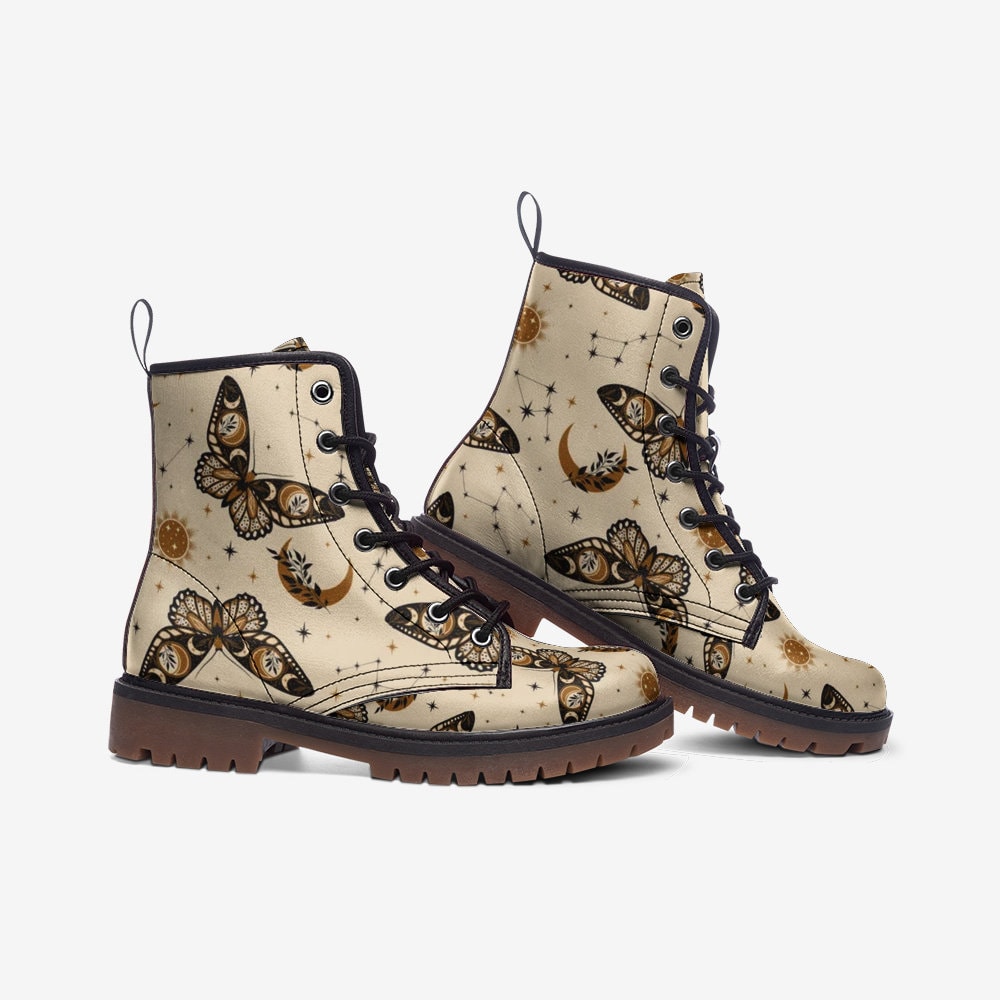 Boho Celestial Butterflies Boots, Goblincore Boots, Witchy Butterflies Boots, Vegan Combat Boots, Witchcore Boots, Boho Witch Festival Boots