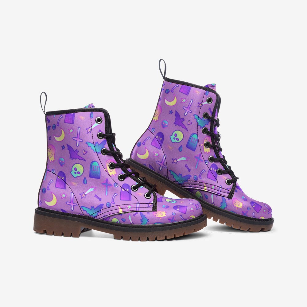 Pastel Witch Vegan Leather Combat Boots Coffins & Crows Boots Creepy Cute Boots Violet Kawaii Witch Boots Pastel Witchcore Boots, Teen Boots