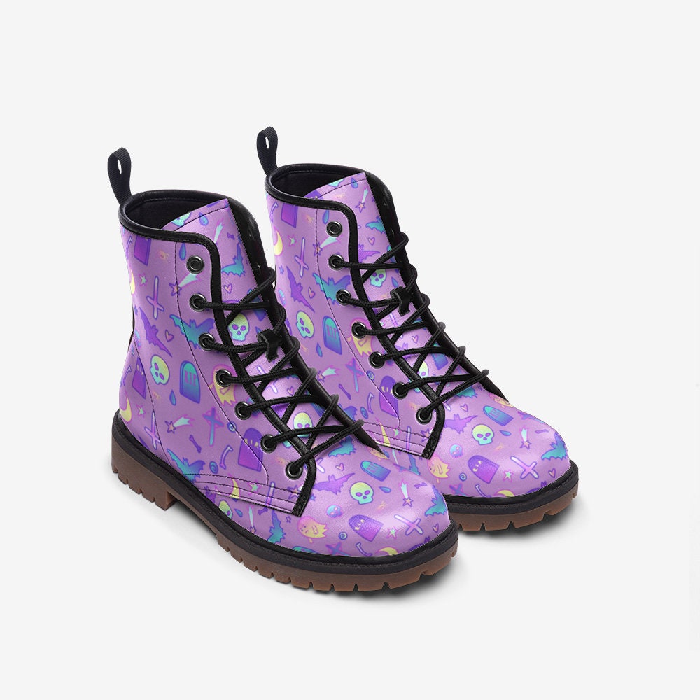 Pastel Witch Vegan Leather Combat Boots Coffins & Crows Boots Creepy Cute Boots Violet Kawaii Witch Boots Pastel Witchcore Boots, Teen Boots