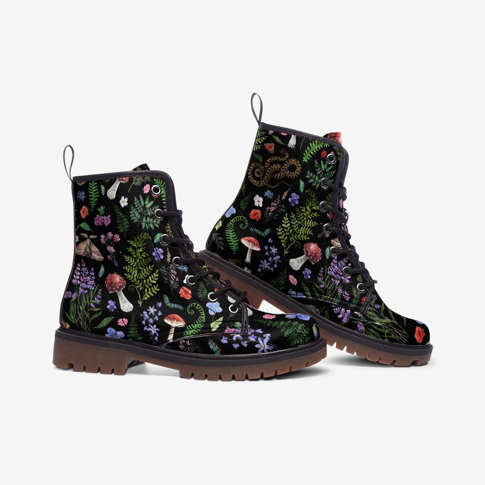 Forestcore Boots, Woodland Mushrooms Combat Boot, Vegan Combat Boots, Witchcore Festival Club Boot, Faecore Mushroom Butterly Print Boots,