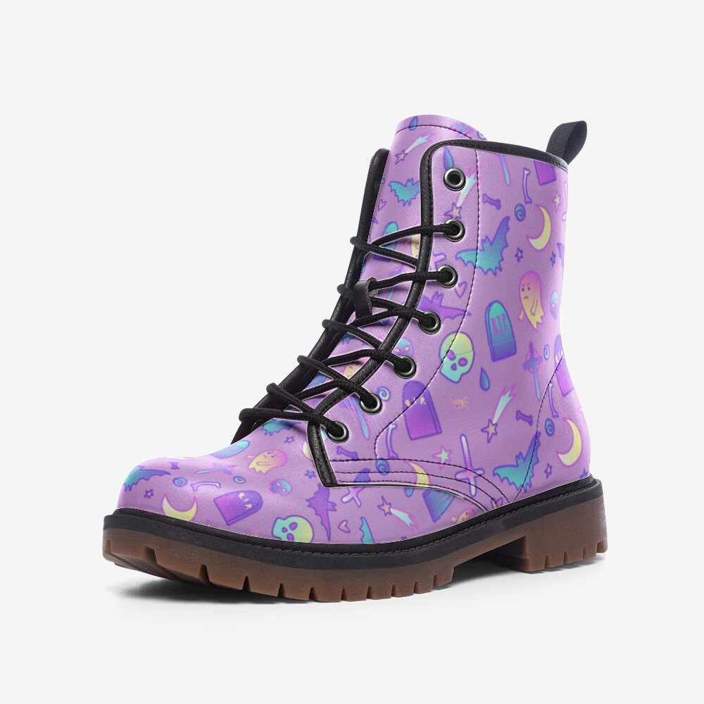 Pastel Witch Vegan Leather Combat Boots Coffins & Crows Boots Creepy Cute Boots Violet Kawaii Witch Boots Pastel Witchcore Boots, Teen Boots