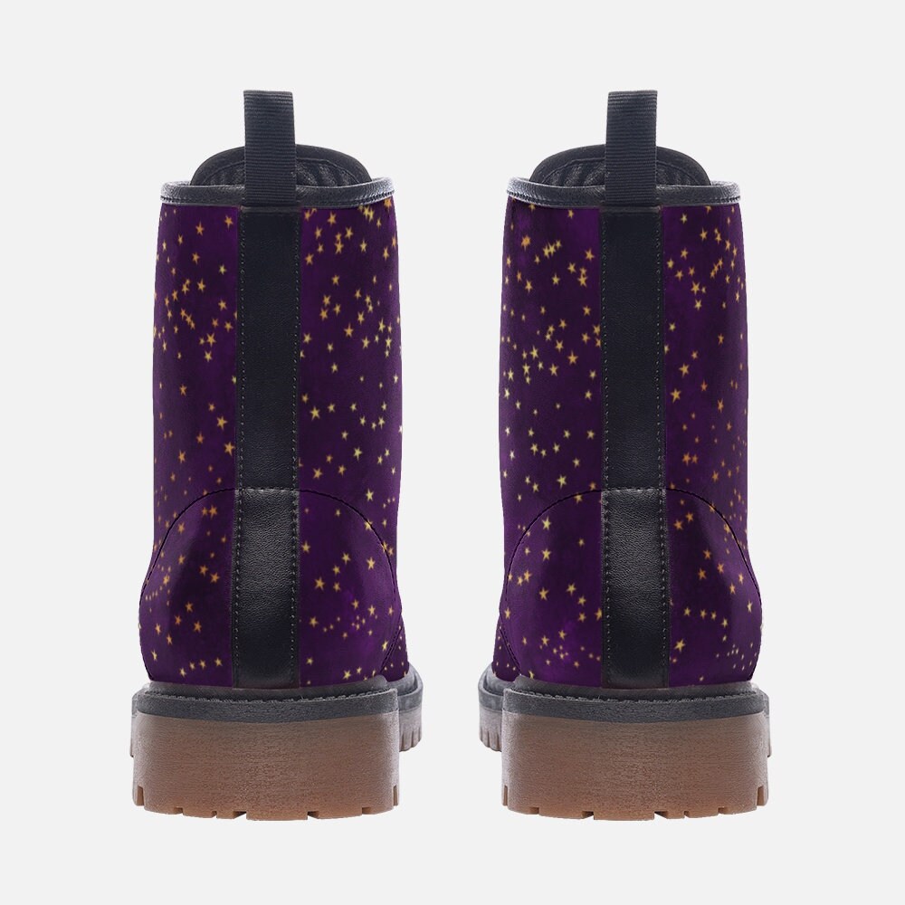 Purple & Gold Stars Vegan Combat Boots, Celestial Boots, Mystical Combat Boots, Witchcore Boots, Fairycore Boot, Fantasy Festival Wear Boots