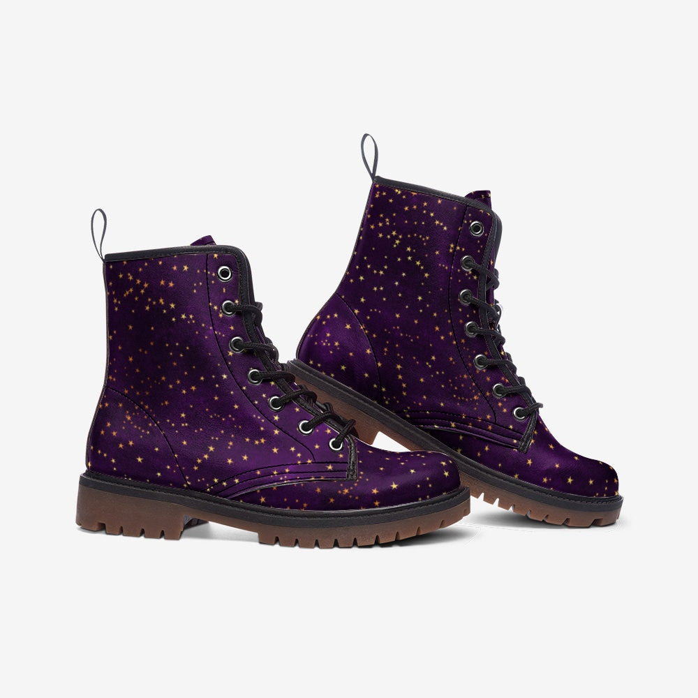 Purple & Gold Stars Vegan Combat Boots, Celestial Boots, Mystical Combat Boots, Witchcore Boots, Fairycore Boot, Fantasy Festival Wear Boots