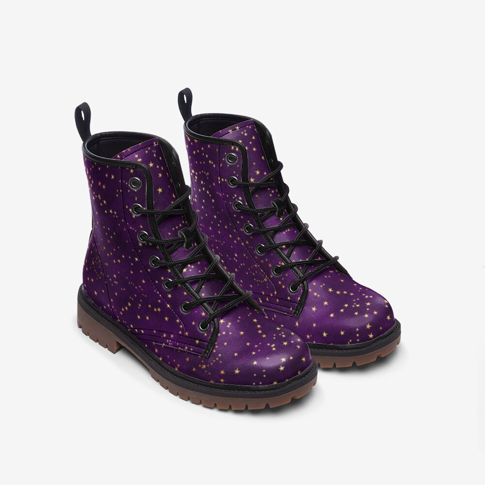 Purple & Gold Stars Vegan Combat Boots, Celestial Boots, Mystical Combat Boots, Witchcore Boots, Fairycore Boot, Fantasy Festival Wear Boots