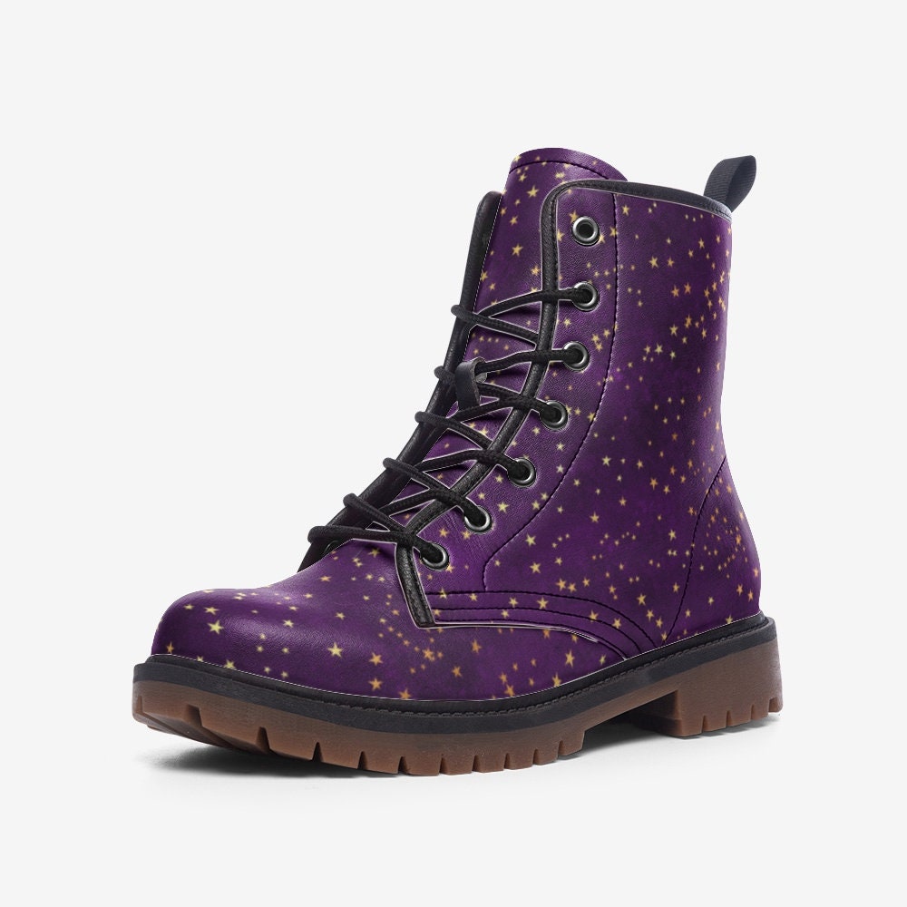 Purple & Gold Stars Vegan Combat Boots, Celestial Boots, Mystical Combat Boots, Witchcore Boots, Fairycore Boot, Fantasy Festival Wear Boots