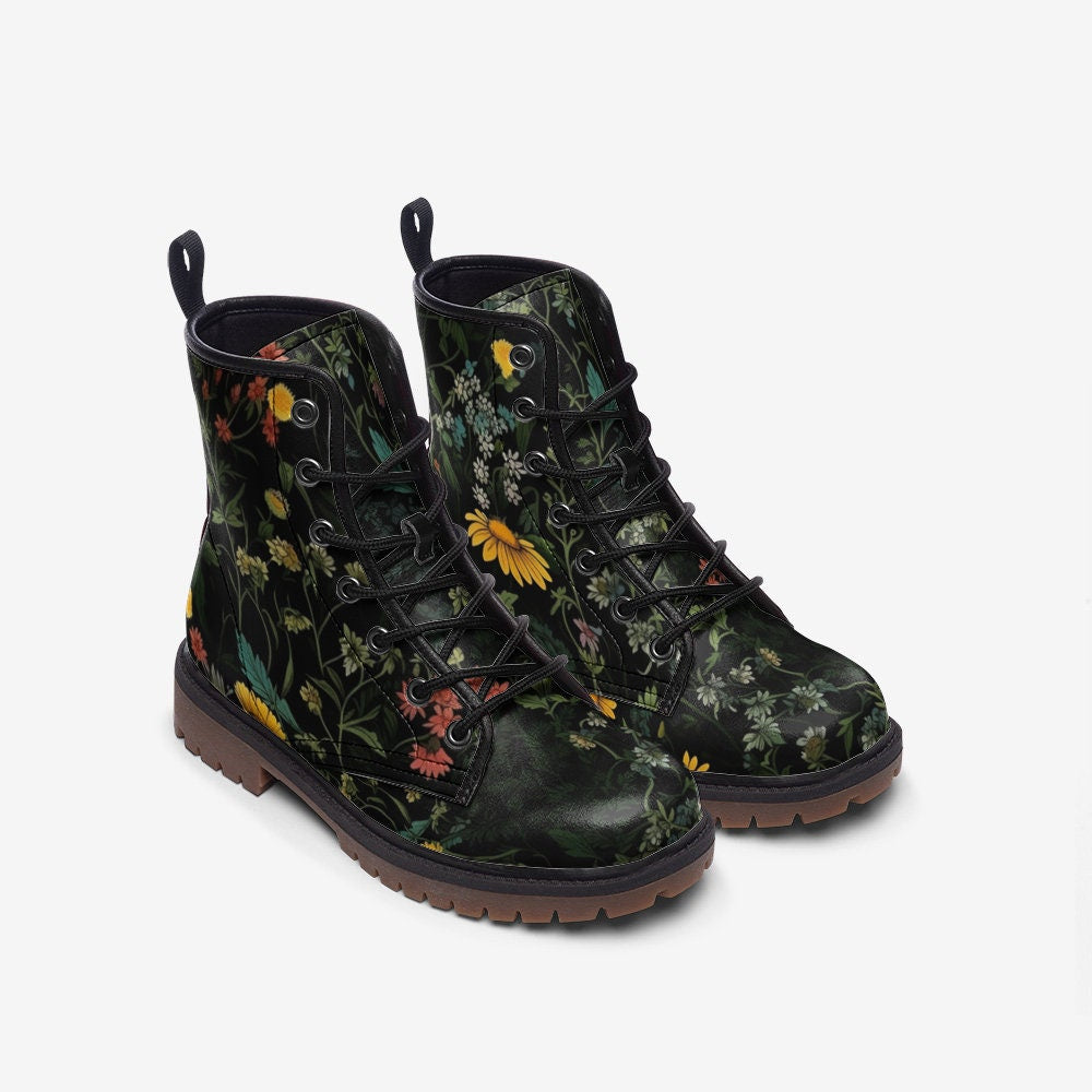 Boho Floral Vegan Boots, Dark Floral Daisy Chunky Boots, Wildflower Boot, Faux Leather Boots, Bohemian Boots, Vegan Unisex Cottagecore Boots
