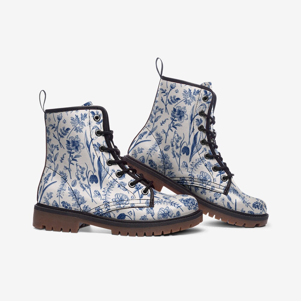 Botanical Floral Vegan Boots, Boho Country Floral Boots, Blue Wildflowers Print Lace Up Boots, White Floral Boots, Faux Leather Combat Boots