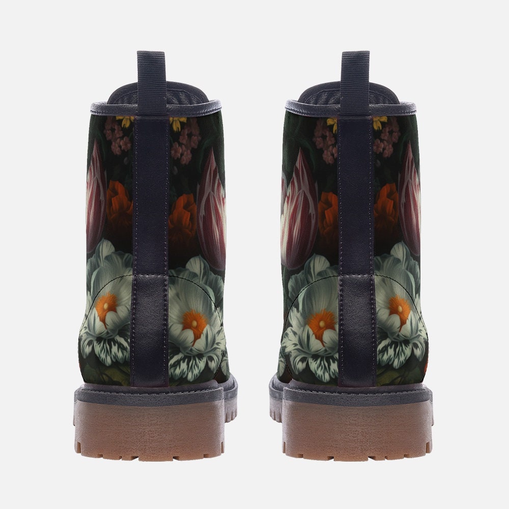Dark Floral Vegan Leather Combat Boots, Gothic Floral boots, Whimsigoth Floral Boots, Witchy Floral Boots, Faux Leather Boho Floral Boots