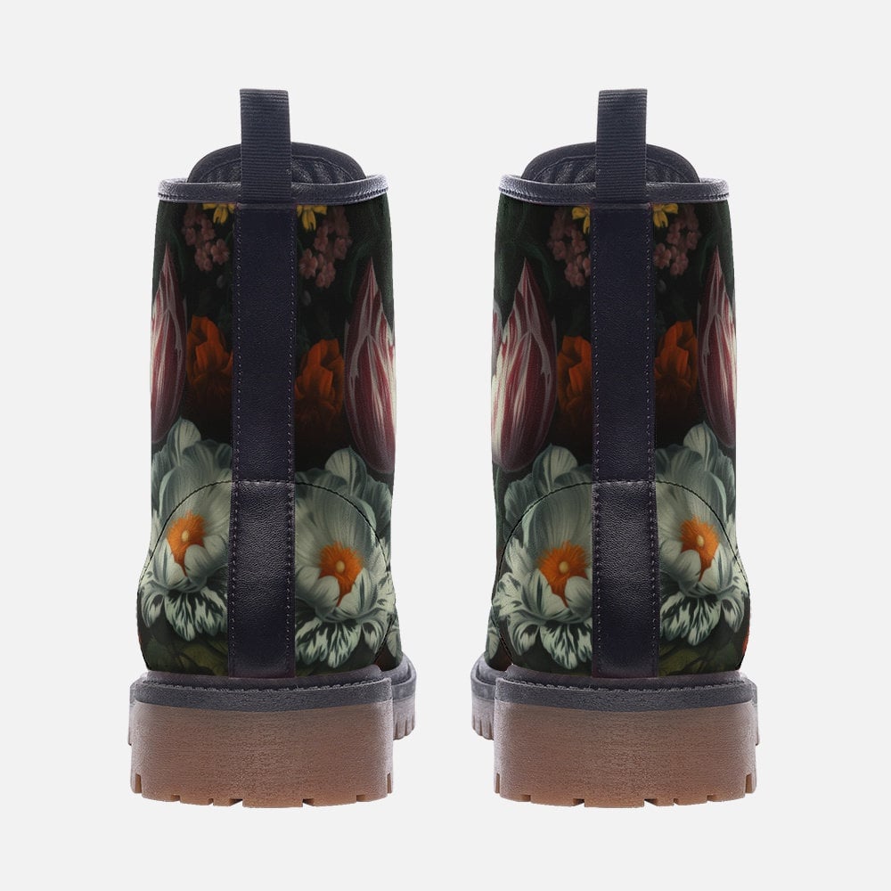 Dark Floral Vegan Leather Combat Boots, Gothic Floral boots, Whimsigoth Floral Boots, Witchy Floral Boots, Faux Leather Boho Floral Boots