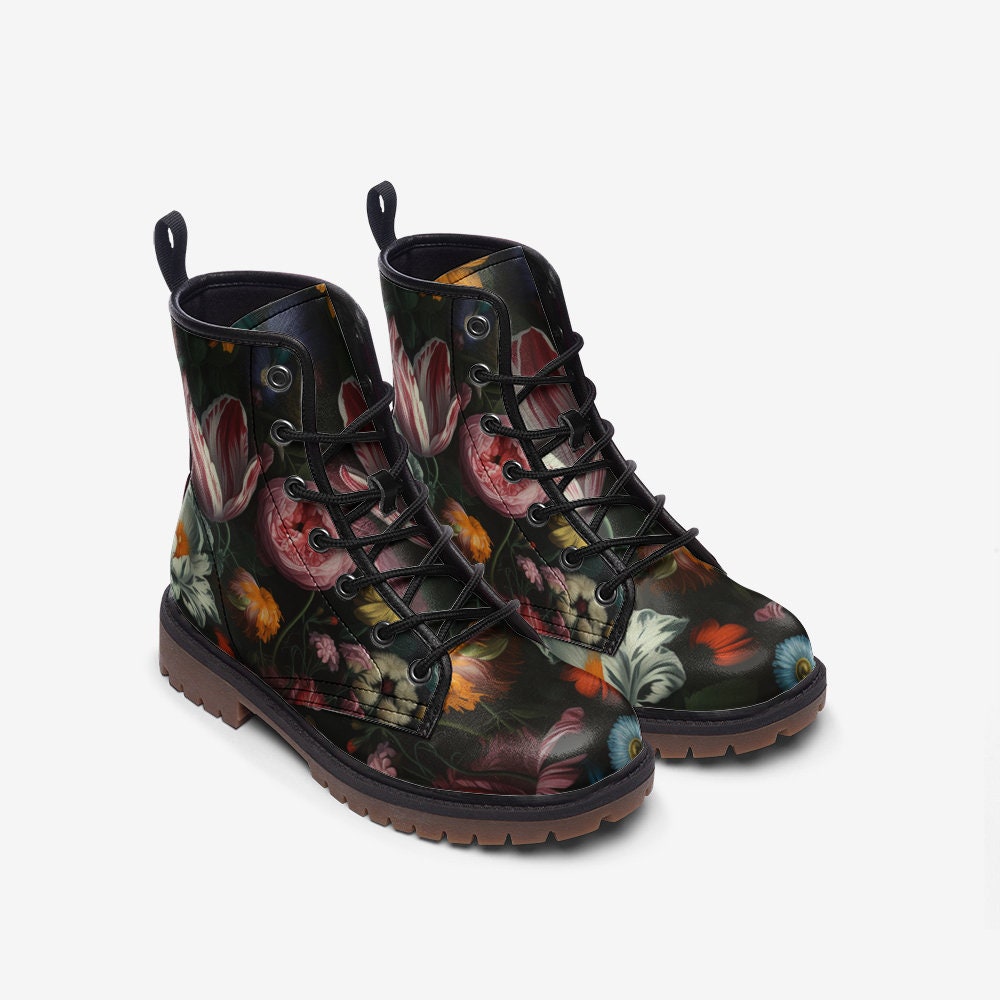 Dark Floral Vegan Leather Combat Boots, Gothic Floral boots, Whimsigoth Floral Boots, Witchy Floral Boots, Faux Leather Boho Floral Boots