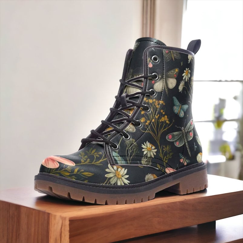 Forest Witch Boots, Goblincore Boots, Wildflowers & Butterflies Boots, Vegan Combat Boots, Witchcore, Naturecore Dragonflies Flowers Boots,