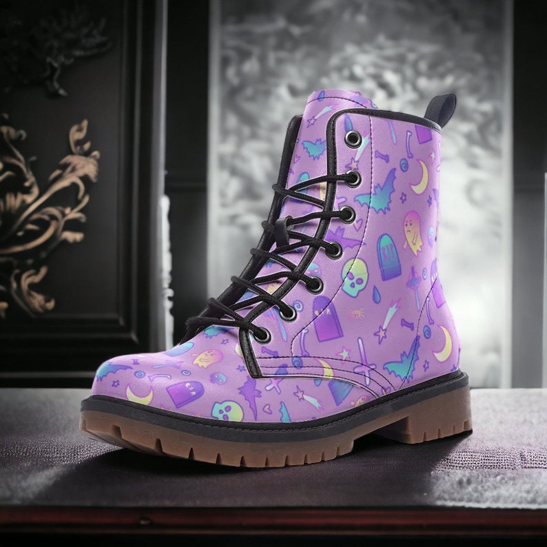 Pastel Witch Vegan Leather Combat Boots Coffins & Crows Boots Creepy Cute Boots Violet Kawaii Witch Boots Pastel Witchcore Boots, Teen Boots