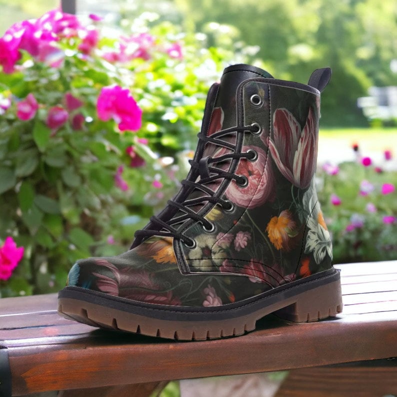 Dark Floral Vegan Leather Combat Boots, Gothic Floral boots, Whimsigoth Floral Boots, Witchy Floral Boots, Faux Leather Boho Floral Boots