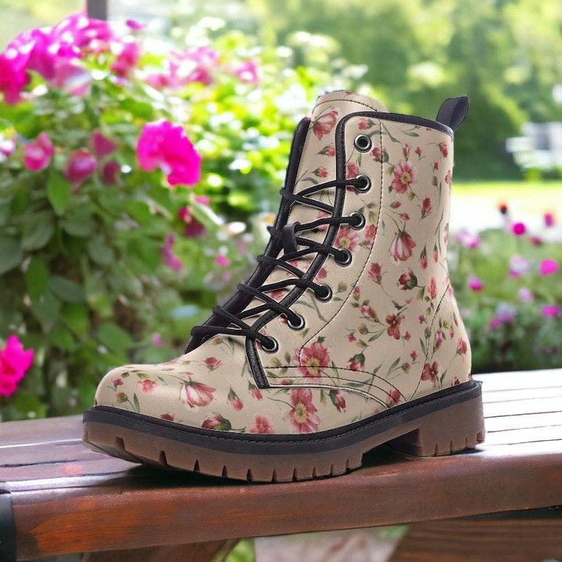 Cottage Floral Vegan Boots, Boho Witchy Pink Floral Boots, Wildflower Combat Boots, Boho Bridal Boots, Vegan Combat Boots, Cottagecore Boots