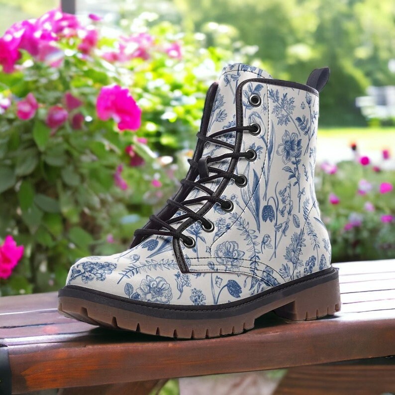 Botanical Floral Vegan Boots, Boho Country Floral Boots, Blue Wildflowers Print Lace Up Boots, White Floral Boots, Faux Leather Combat Boots