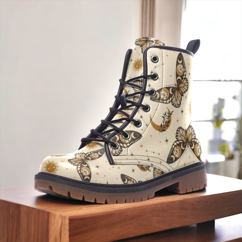 Boho Celestial Butterflies Boots, Goblincore Boots, Witchy Butterflies Boots, Vegan Combat Boots, Witchcore Boots, Boho Witch Festival Boots