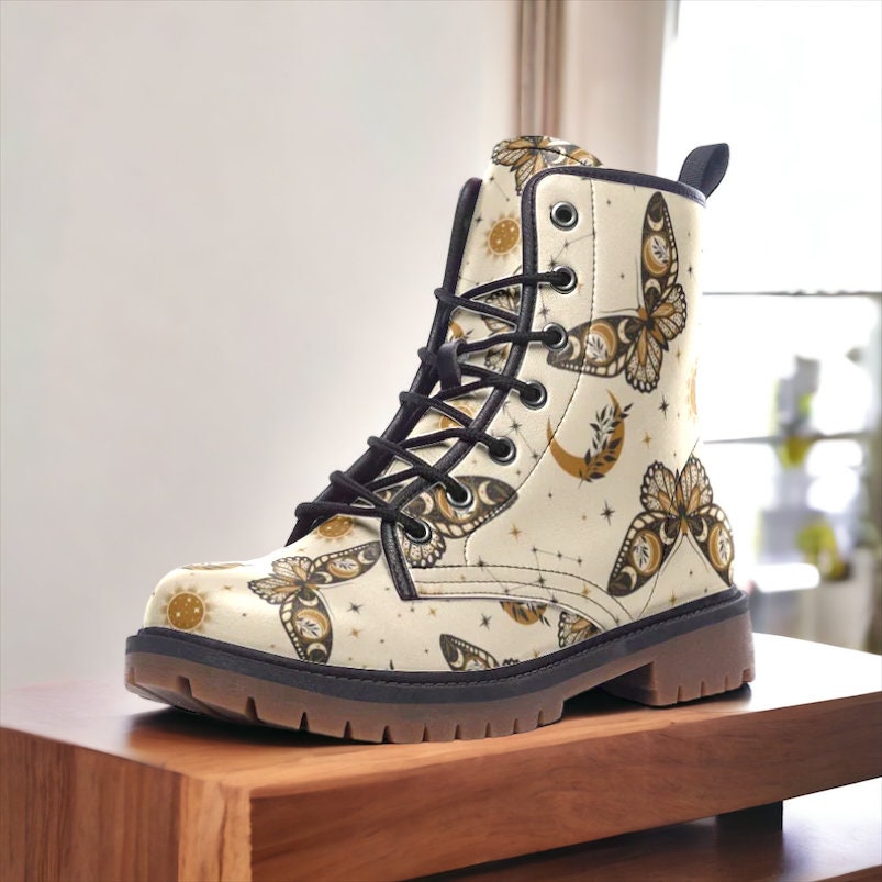 Boho Celestial Butterflies Boots, Goblincore Boots, Witchy Butterflies Boots, Vegan Combat Boots, Witchcore Boots, Boho Witch Festival Boots
