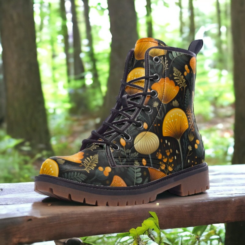 Boho Forest Mushrooms Ferns Combat Boot, Vegan Combat Boots, Witchcore Festival Club Boot, Faecore Mushroom Print Boots, Boho Mushroom Boots