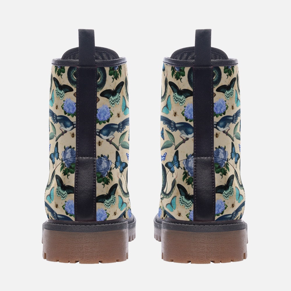 Goblincore Boots, Boho Whimsical Blue and White Forestcore Vegan Combat Boot, Blue Fairy Grunge Boot, Vintage Naturecore Snakes Butterflies