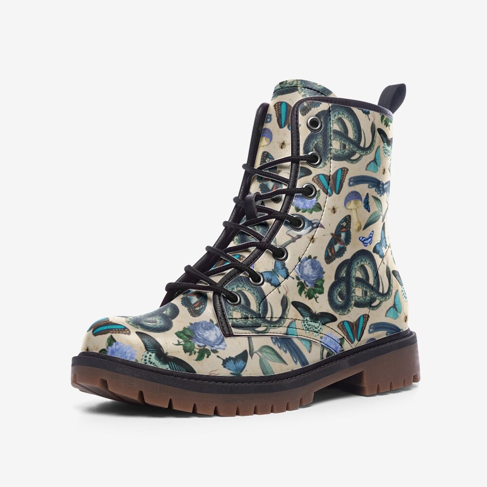 Goblincore Boots, Boho Whimsical Blue and White Forestcore Vegan Combat Boot, Blue Fairy Grunge Boot, Vintage Naturecore Snakes Butterflies