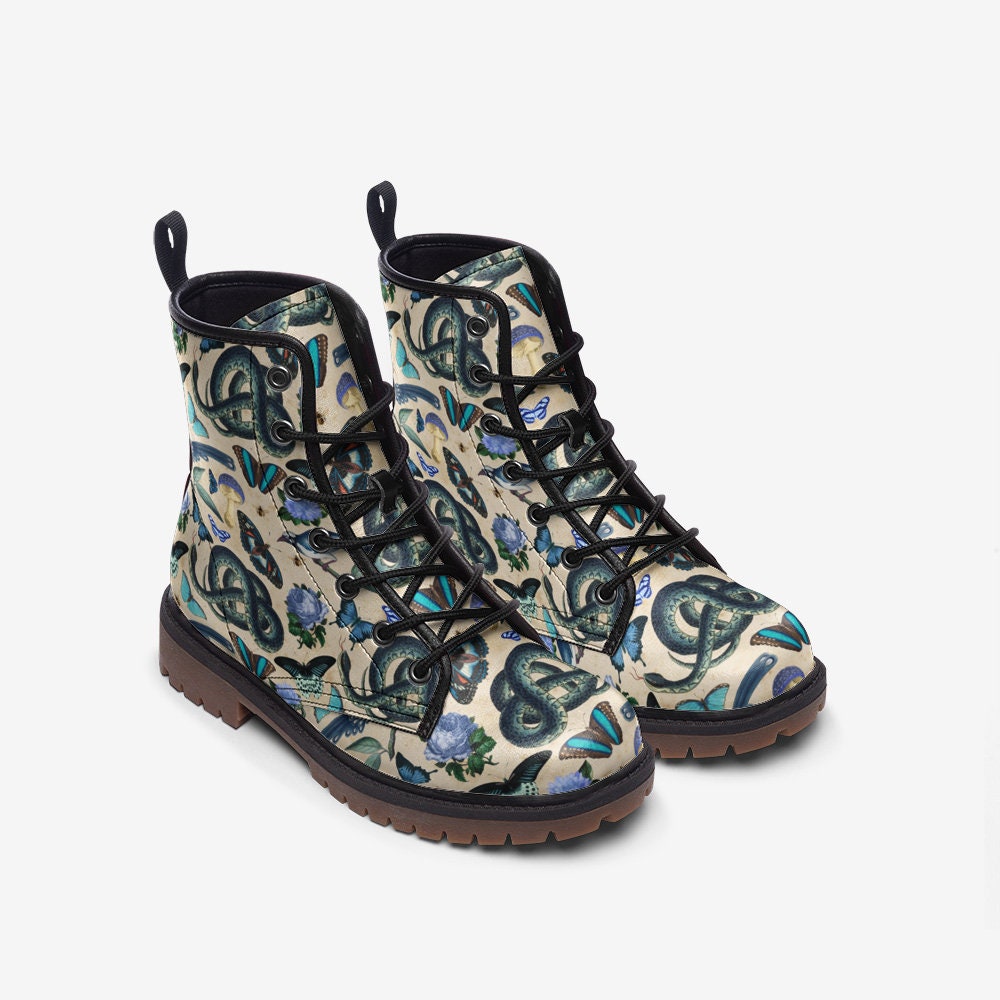 Goblincore Boots, Boho Whimsical Blue and White Forestcore Vegan Combat Boot, Blue Fairy Grunge Boot, Vintage Naturecore Snakes Butterflies