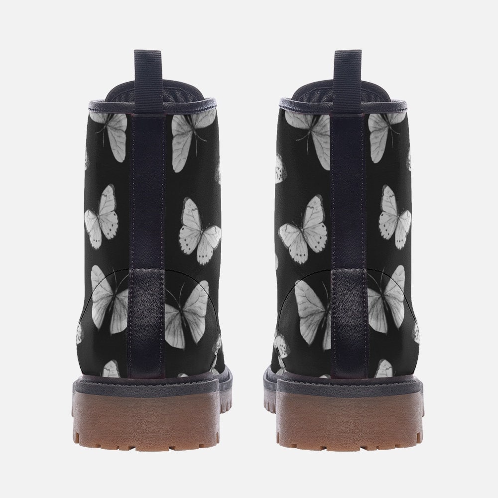 Black & White Butterflies Vegan Combat Boots, Butterfly Boots, Gothic Butterfly Boots, Whimsigoth Boots, Faux Leather Pretty Punk Boots