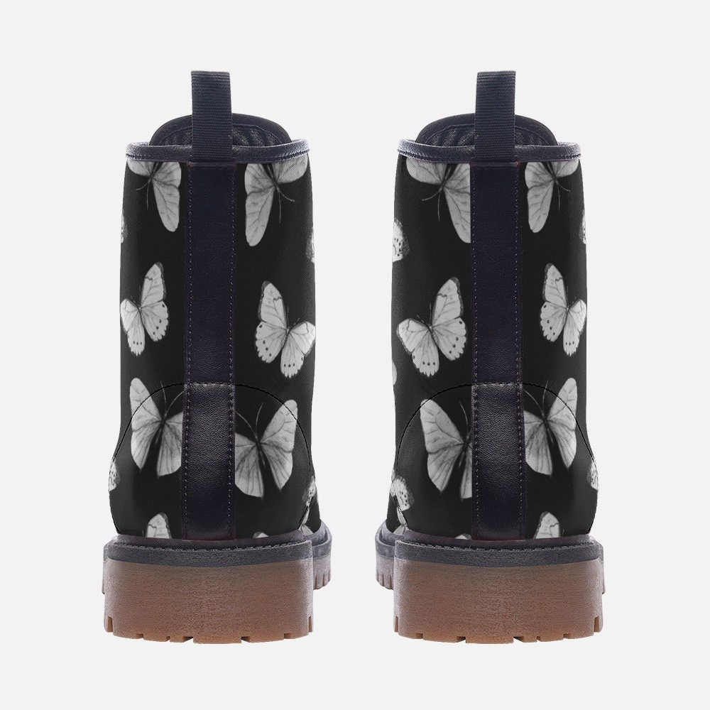 Black & White Butterflies Vegan Combat Boots, Butterfly Boots, Gothic Butterfly Boots, Whimsigoth Boots, Faux Leather Pretty Punk Boots