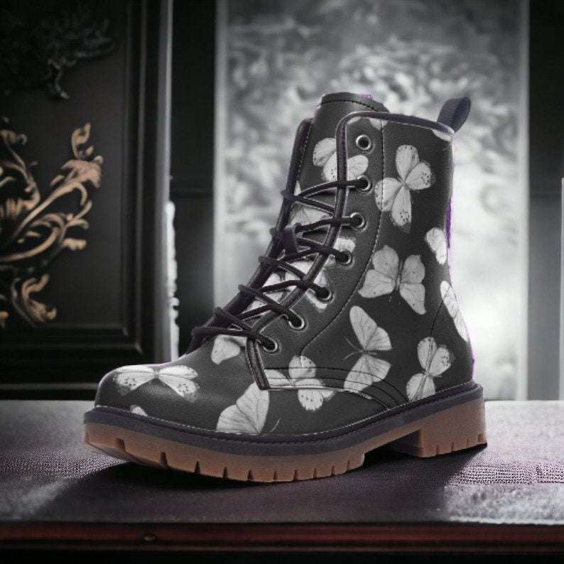 Black & White Butterflies Vegan Combat Boots, Butterfly Boots, Gothic Butterfly Boots, Whimsigoth Boots, Faux Leather Pretty Punk Boots