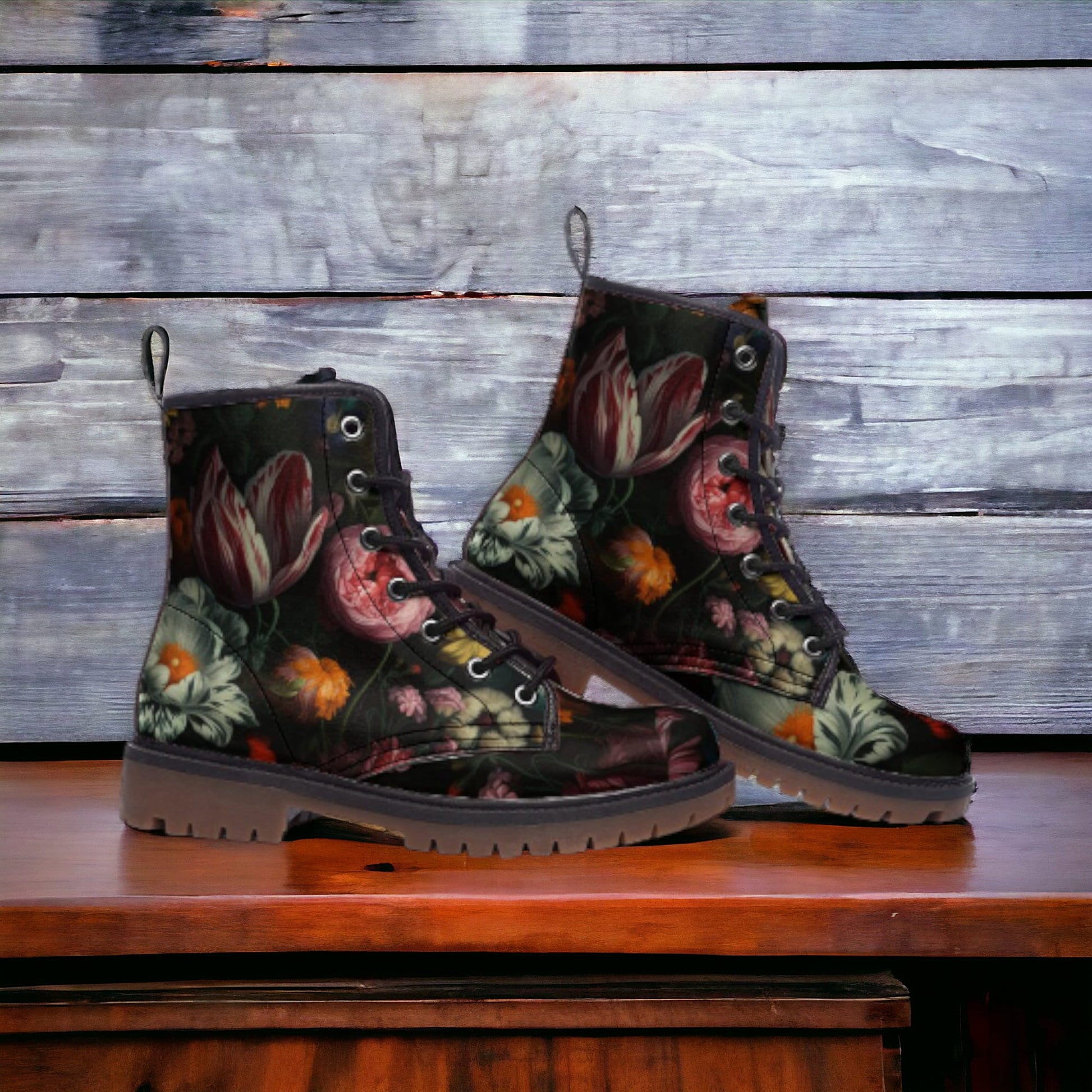 Dark Floral Vegan Leather Combat Boots, Gothic Floral boots, Whimsigoth Floral Boots, Witchy Floral Boots, Faux Leather Boho Floral Boots