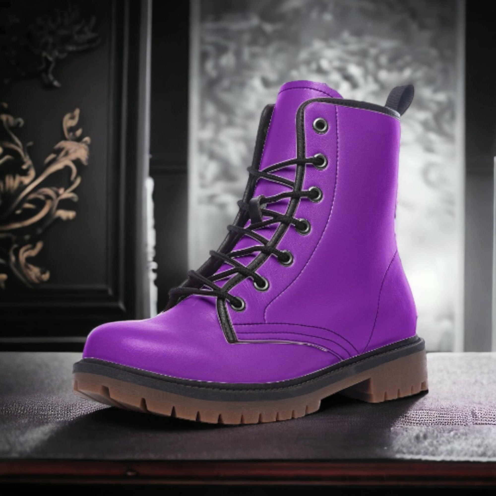 Bright Purple Vegan Combat Boots, Purple Punk Boots, Electric Violet Lace Up Boots, Cosplay Purple Chunky Boots, Purple Faux Leather Boots