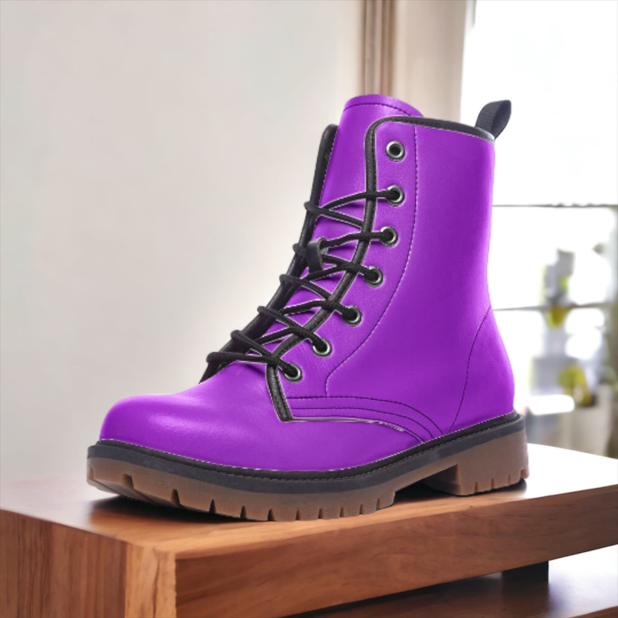 Bright Purple Vegan Combat Boots, Purple Punk Boots, Electric Violet Lace Up Boots, Cosplay Purple Chunky Boots, Purple Faux Leather Boots