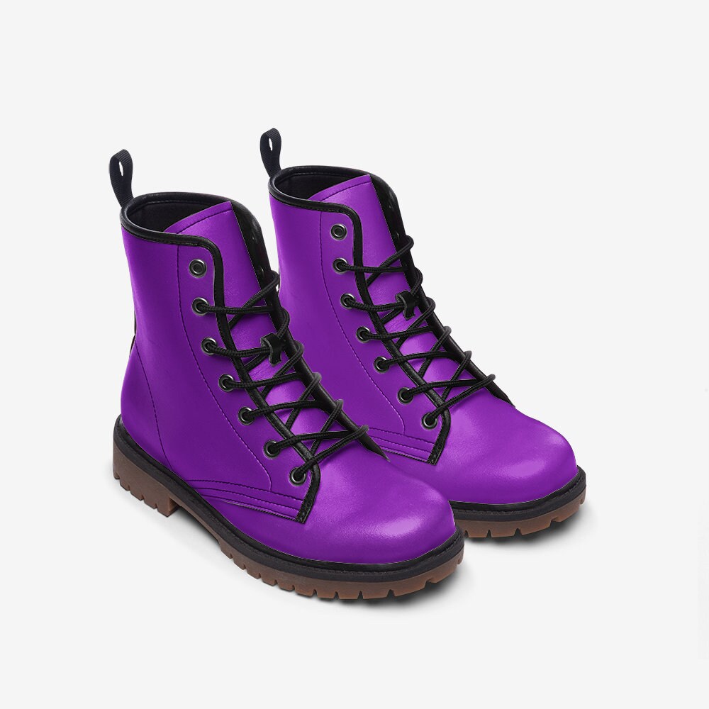 Bright Purple Vegan Combat Boots, Purple Punk Boots, Electric Violet Lace Up Boots, Cosplay Purple Chunky Boots, Purple Faux Leather Boots