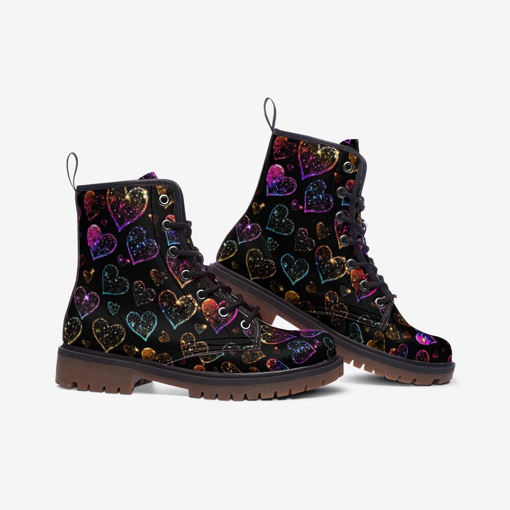 Glitter Heart Faux Leather Boots: Lace-Up Wide Fit