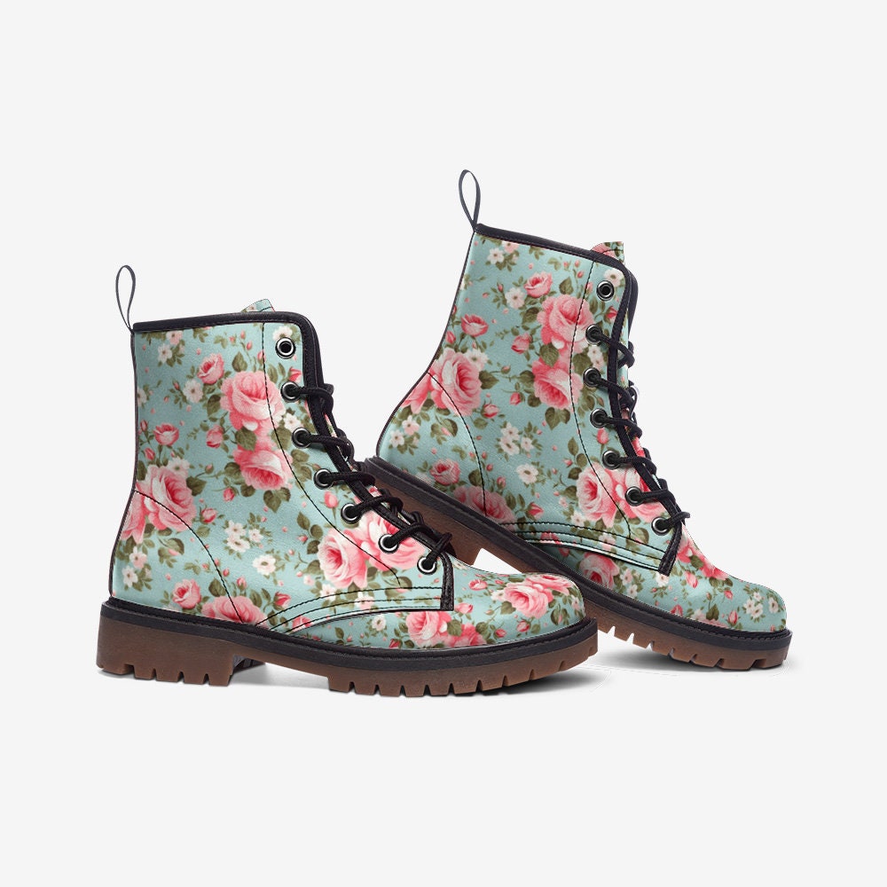 Shabby Chic Rose Boots: Faux Leather Floral Combat Boots