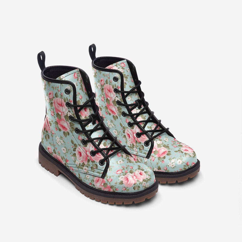 Shabby Chic Rose Boots: Faux Leather Floral Combat Boots