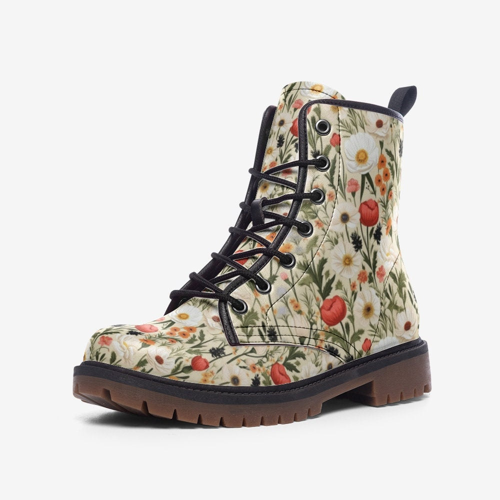 Floral Cottagecore Boots: Faux Leather Daisy Shoes