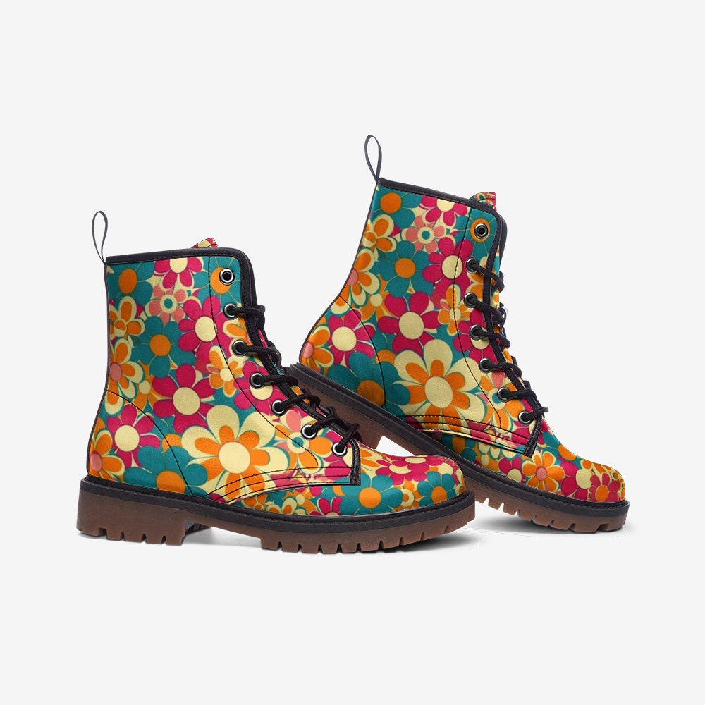 60s Retro Floral Boots: Lightweight Faux Leather Hippie Shoes
