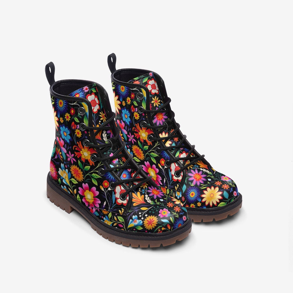 Mexican Floral Print Boots: Faux Leather Fiesta Shoes