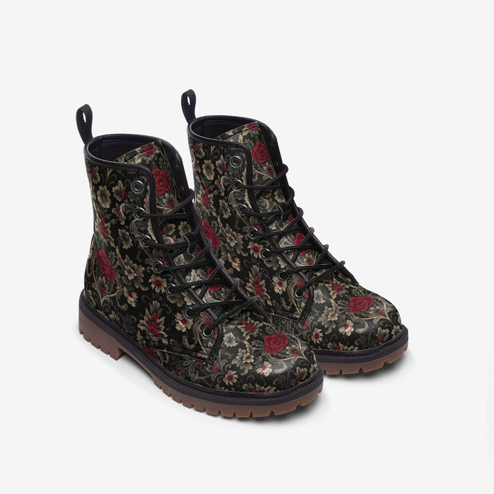 Damask Rose Gothic Boots: Faux Leather Goth Fashion