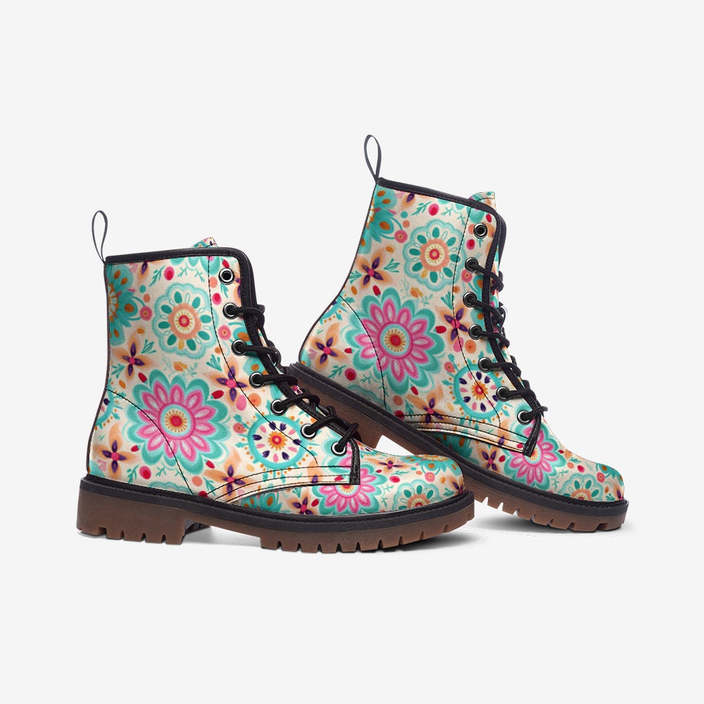 Pastel Floral Boho Boots: Custom Faux Leather Lace-Up Boots