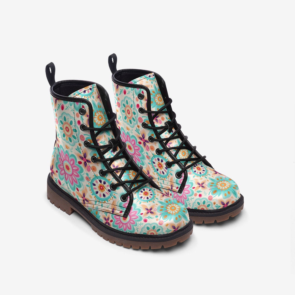 Pastel Floral Boho Boots: Custom Faux Leather Lace-Up Boots