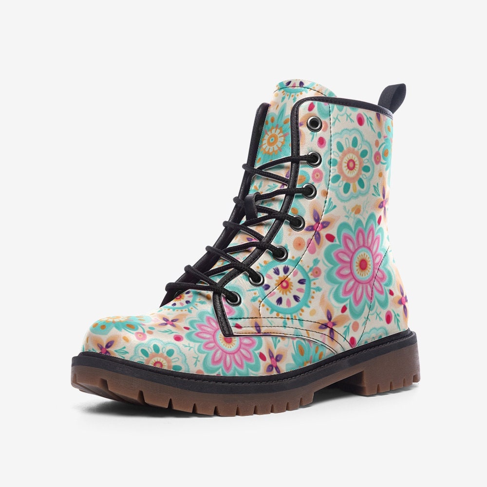 Pastel Floral Boho Boots: Custom Faux Leather Lace-Up Boots