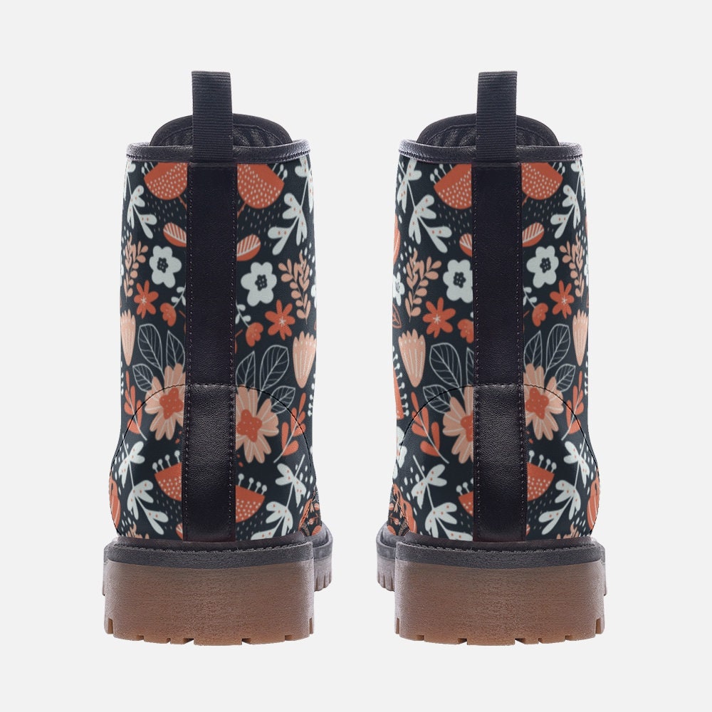 Dark Floral Boho Boots: Faux Leather Lace-Up Boots