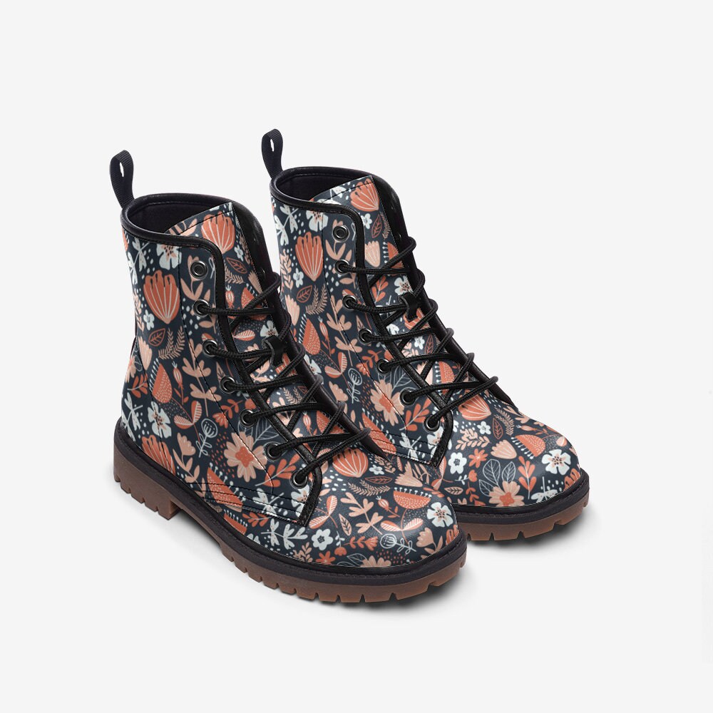Dark Floral Boho Boots: Faux Leather Lace-Up Boots